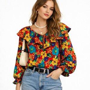 Vintage 90s‎ Silk Exchange Womens Blouse Tropical Floral Balloon Sleeve Resort